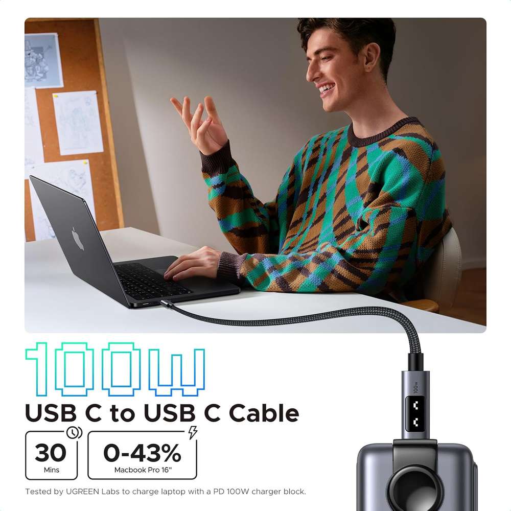 Cable USB - C A USB - C UGREEN Uno de 100 W, Cable USB - C de Carga Rápida con Pantalla Led Mo… - Imagen 3